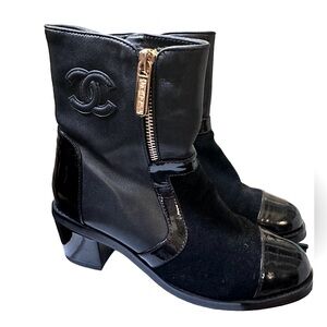 CHANEL Black Leather & Patent Suede Ankle Booties with Gold Zip